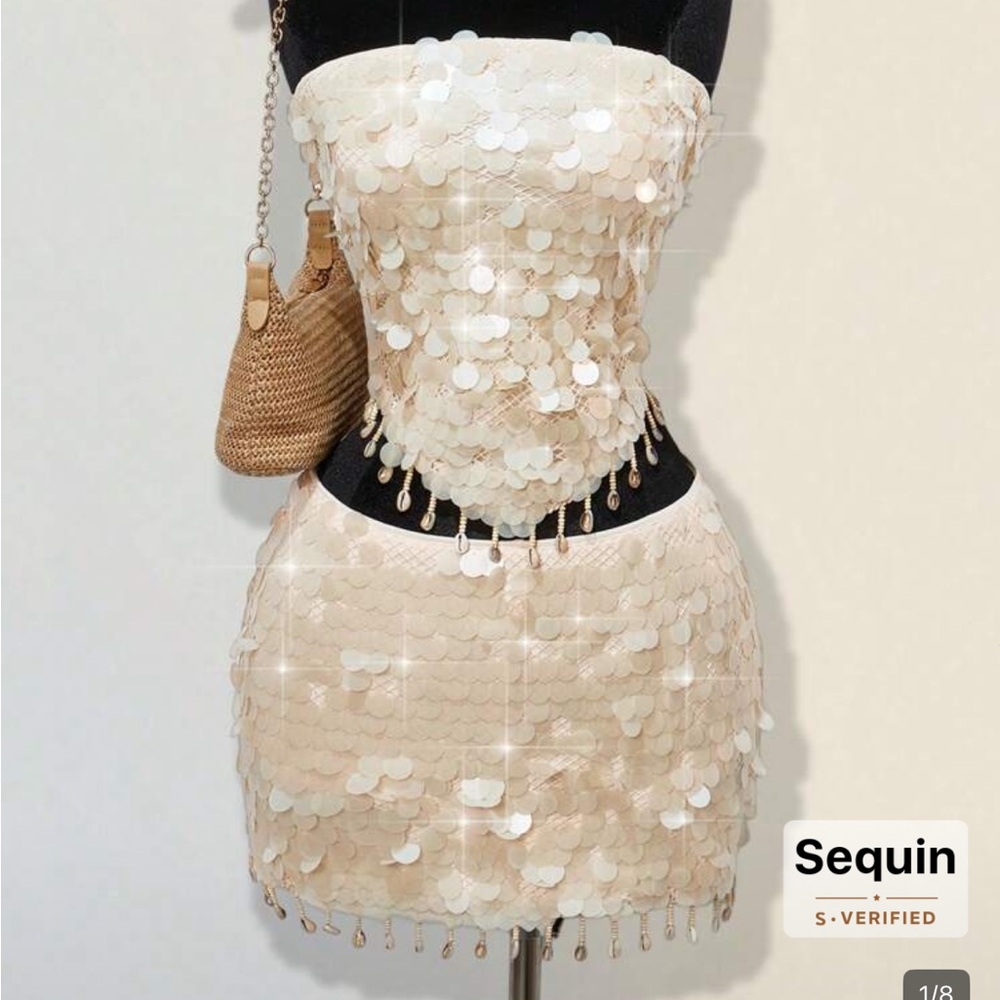 SHEIN Cream Sequin Skirt Set